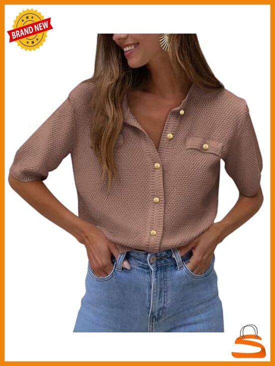 Tops - Women's Casual Short Sleeve Button Down Shirt - Ribbed Knit Blouse Top